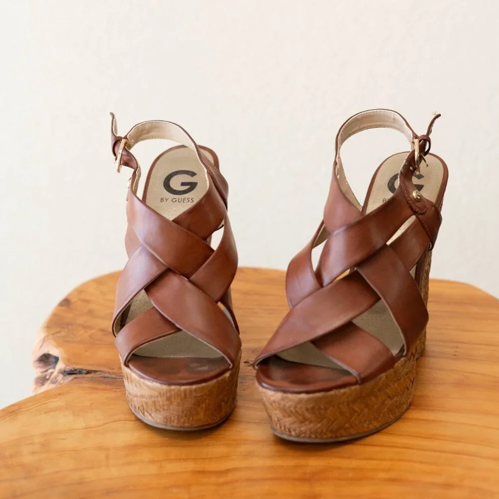 Guess G by Guess 8.5M Brown Cork Wedge Sandals Platform Strappy Heels - Picture 6 of 9